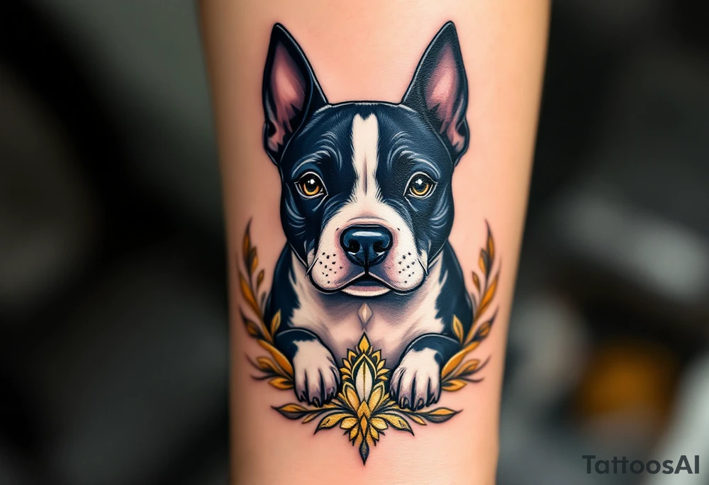 Art Deco Staffordshire Bull Terrier a stylized design with elegant symmetry and gold and deep navy tones, inspired by Art Deco architecture. tattoo idea