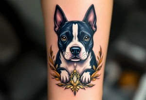 Art Deco Staffordshire Bull Terrier a stylized design with elegant symmetry and gold and deep navy tones, inspired by Art Deco architecture. tattoo idea