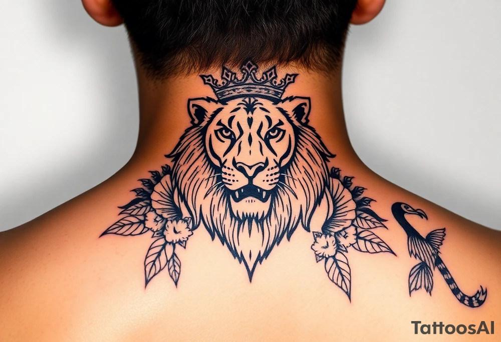 powerful majestic lion with a crown, surrounded by Hawaiian native animals tattoo idea