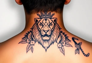 powerful majestic lion with a crown, surrounded by Hawaiian native animals tattoo idea