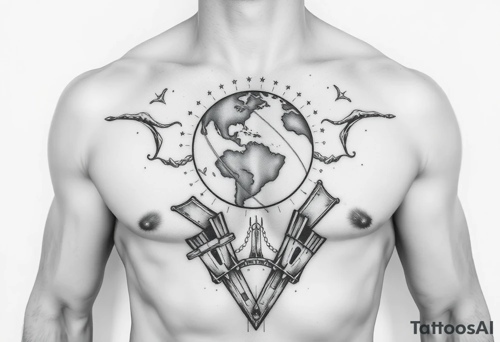Un torso poderoso que sostiene una esfera cósmica agrietada, representando el peso del mundo.

Puede ir en el centro del pectoral o cruzarlo diagonalmente.

Fondo: constelaciones o el Olimpo en ruinas. tattoo idea