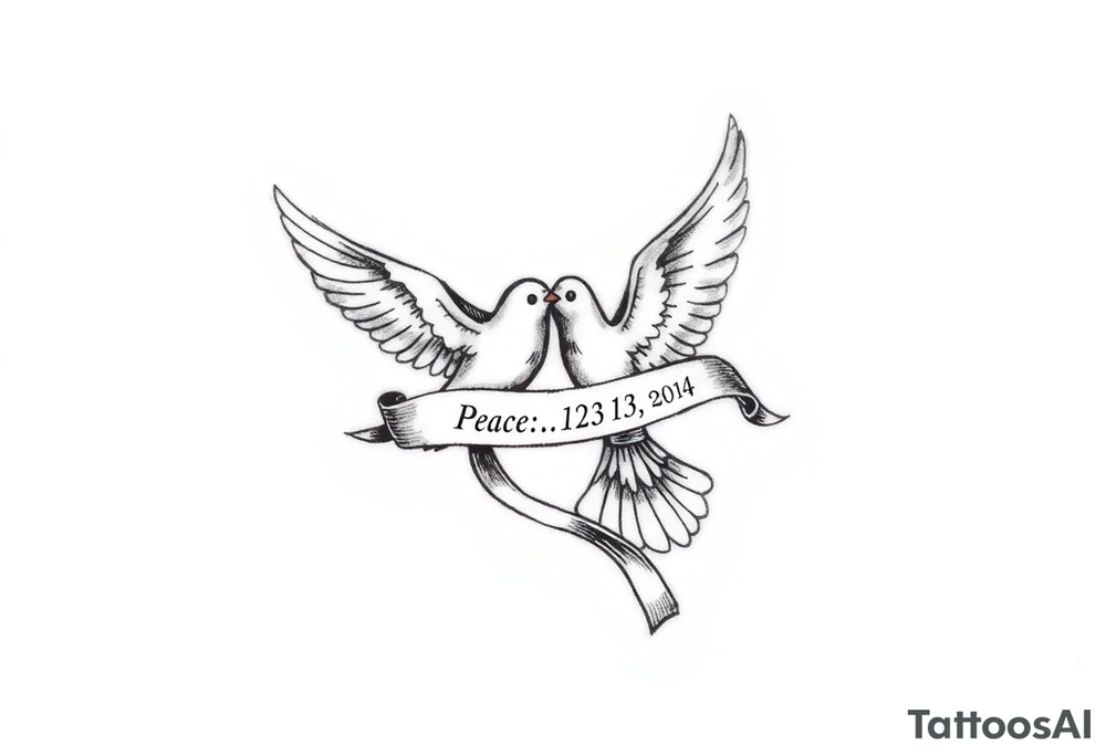 A pair of doves in mid-flight, carrying a silk ribbon with the wedding date, embodying peace and unity. tattoo idea