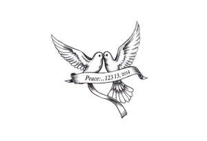 A pair of doves in mid-flight, carrying a silk ribbon with the wedding date, embodying peace and unity. tattoo idea