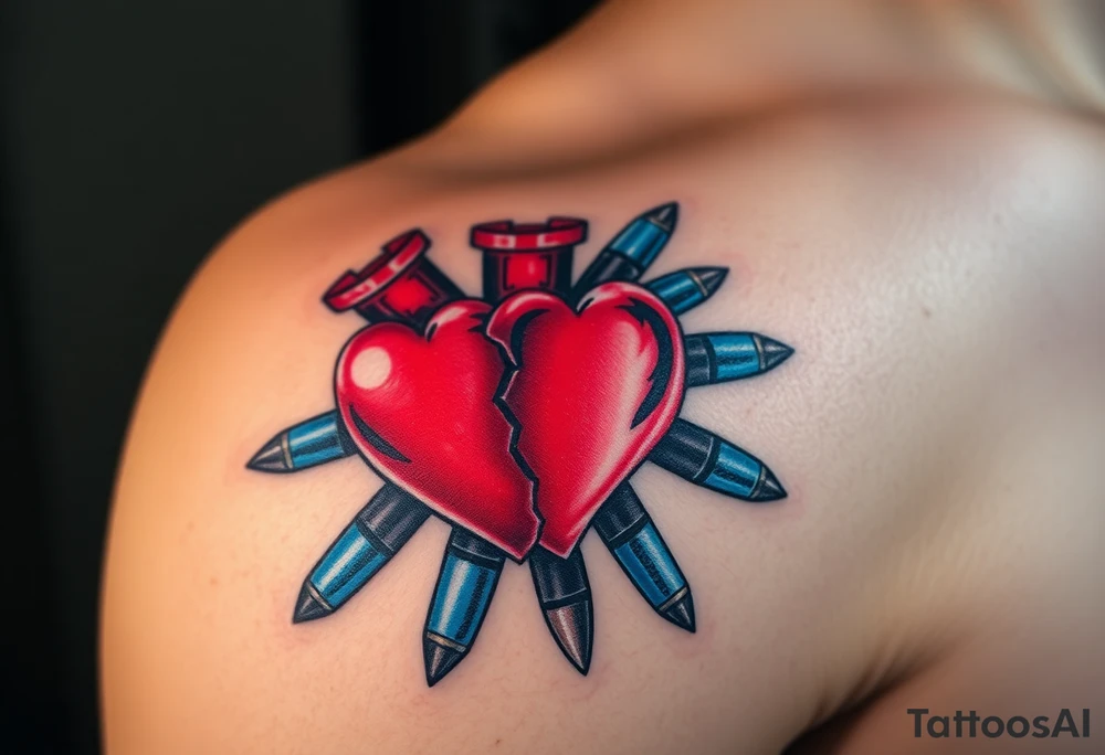 Red Broken hearts surrounded by blue bullets tattoo idea