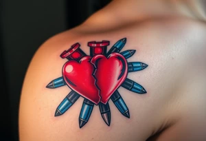 Red Broken hearts surrounded by blue bullets tattoo idea