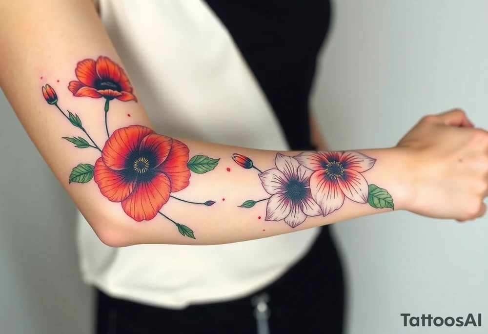 Fore arm tattoo in the neo american traditional style. I want to incorporate a few different flowers: Poppies, Morning Glory, Narcissus with green leaves in the background tattoo idea