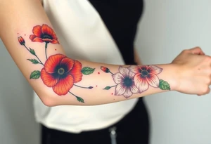 Fore arm tattoo in the neo american traditional style. I want to incorporate a few different flowers: Poppies, Morning Glory, Narcissus with green leaves in the background tattoo idea