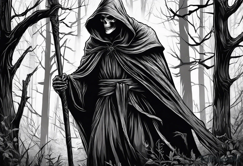 grim reaper forest tattoo idea