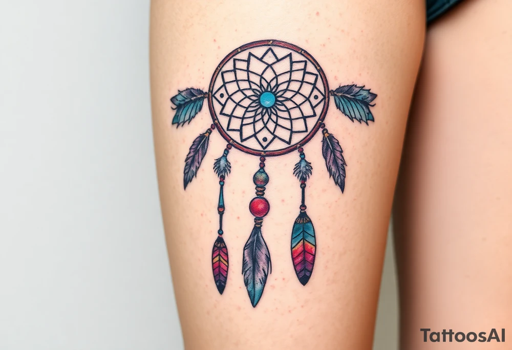 native dreamcatcher with flowing feathers and sacred beads tattoo idea