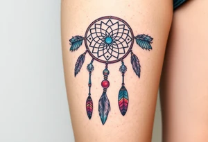 native dreamcatcher with flowing feathers and sacred beads tattoo idea