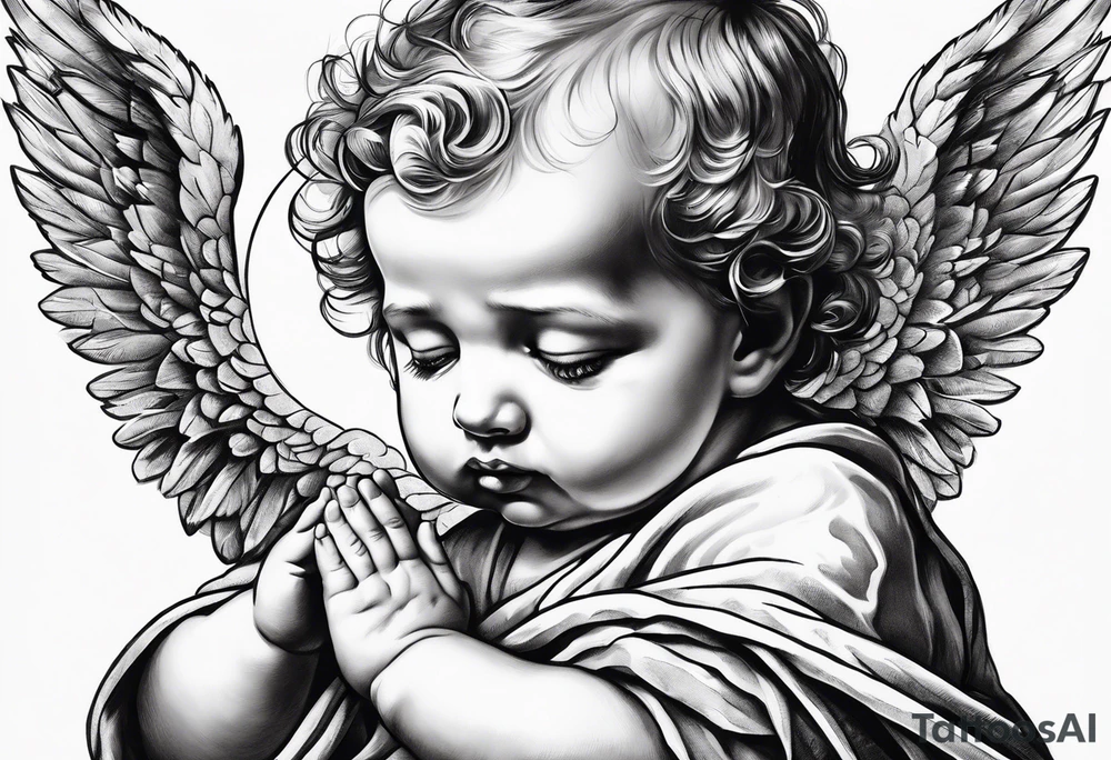Praying baby Angel, with a Roman warrior looking up behind it tattoo idea