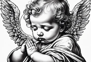 Praying baby Angel, with a Roman warrior looking up behind it tattoo idea