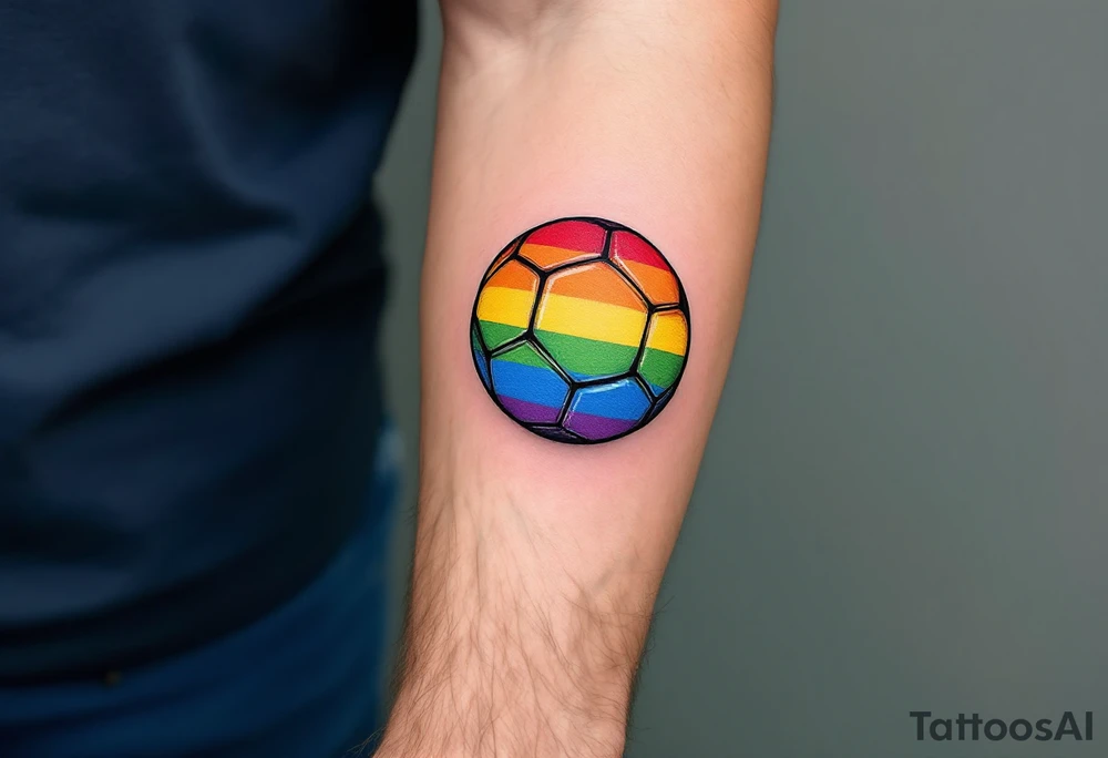 A rainbow-colored soccer ball representing inclusivity and pride in the sport. tattoo idea