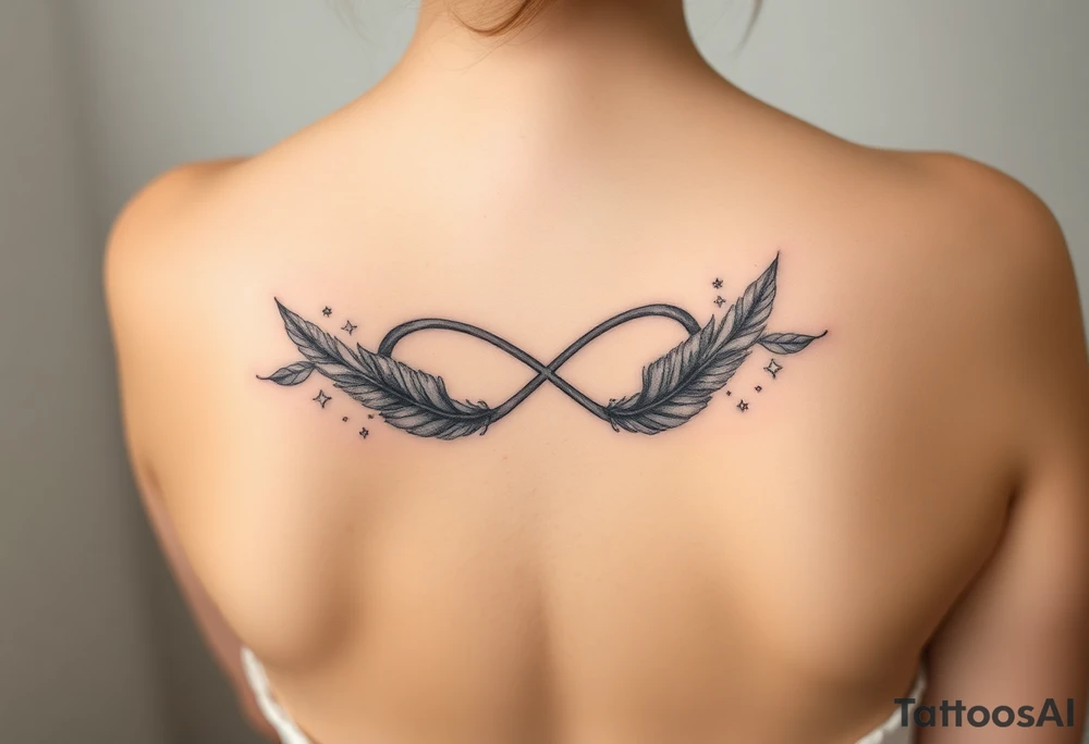 infinity symbol woven with floating feathers and stardust tattoo idea
