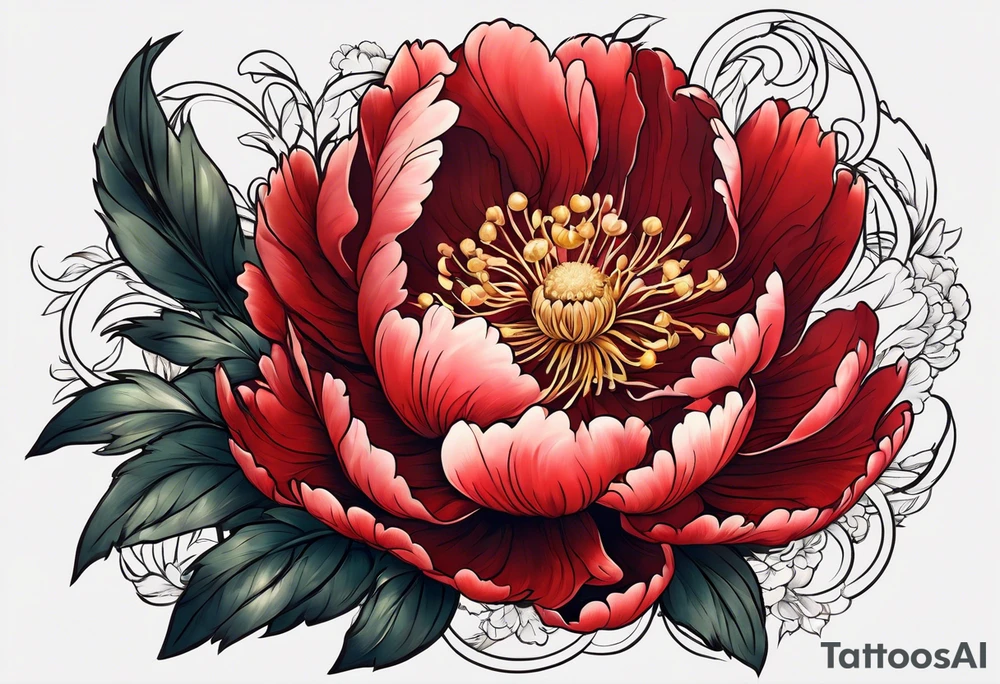 Red peony with small rabbit tattoo idea