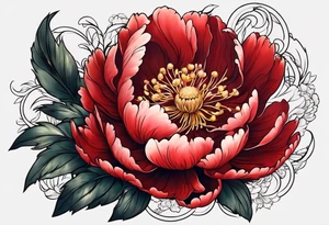 Red peony with small rabbit tattoo idea