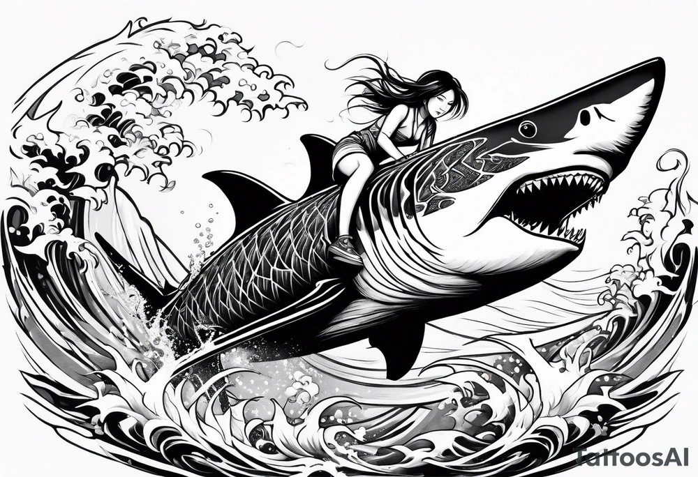 naked japanese girl riding shark tattoo idea