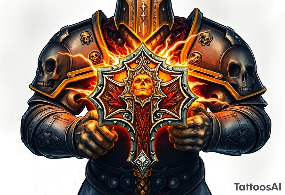 Warhammer, the Old World. A warrior priest of Sigmar holding The Warhammer of Sigmar. The Warhammer of Sigmar is radiating thunderous energy. The Warhammer is held by the warrior priest with both hands at the handle with a firm grip inorder to contain its unlimited energy, upon his chest level. The Warrior priest is wearing dark alloyed heavy armour (reference armor from warhammer vermintide 2 Victor Saltzpyres, the warrior priest of Sigmar class) with skull sigils on his shoulder pads. The warrior priest is wearing a helmet, while the helmets front visor has an humanoid face covering. The helmet and armour are gladened with hints of gold and crimson red. The Warhammer is silverish and golden with a long handle tattoo idea