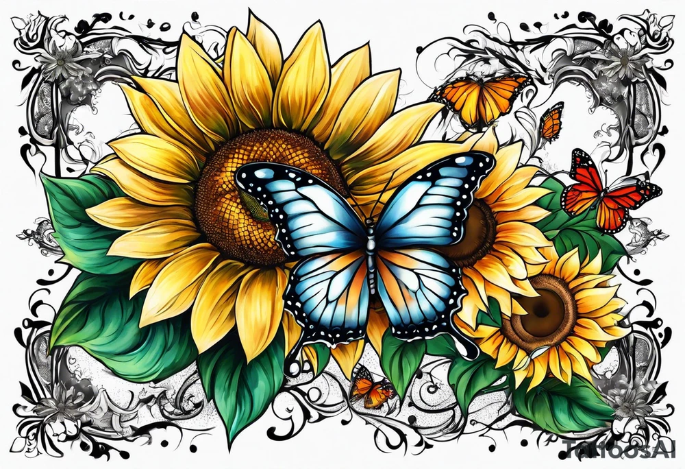 Sleeve with angel wings, sunflower and butterfly tattoo idea