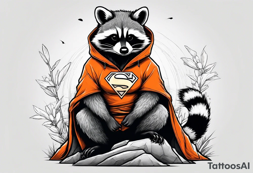 Raccoon wearing an orange Superman hoodie tattoo idea