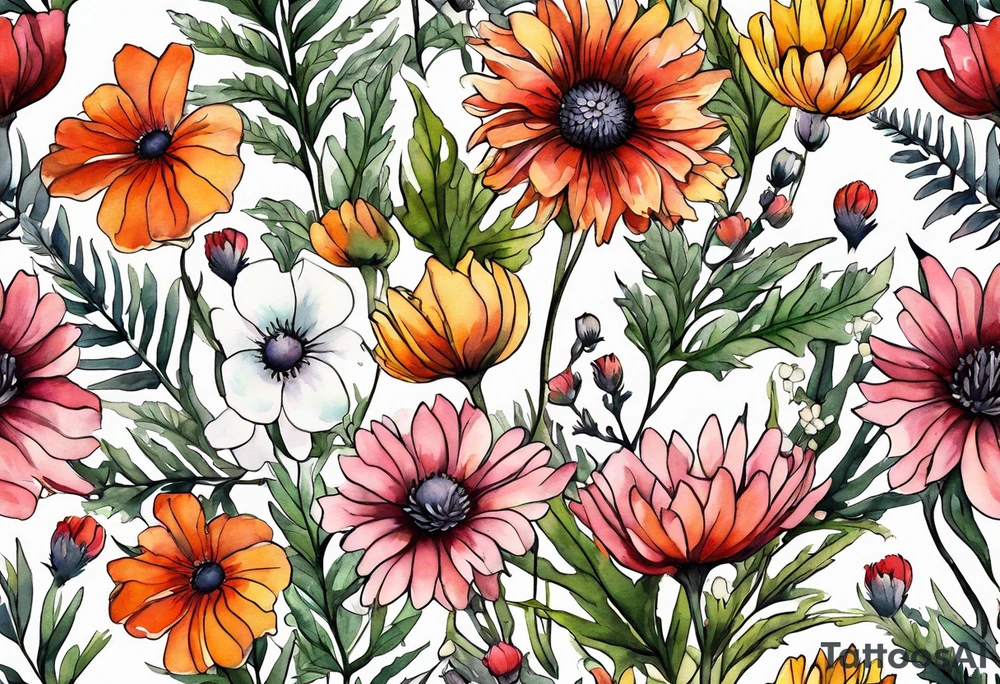 wildflowers with thistles, ferns, white flowers, pink flowers, burnt orange flowers, red flowers and yellow flowers all in watercolor tattoo idea