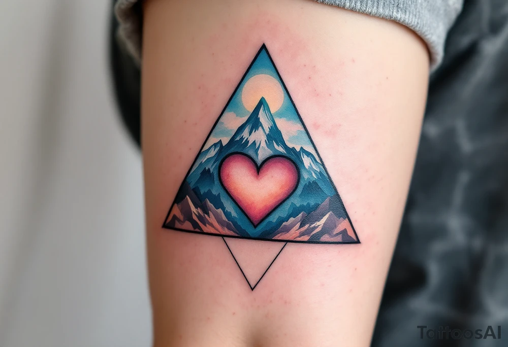 A triangle with a big heart in the cente with a mountain theme tattoo idea