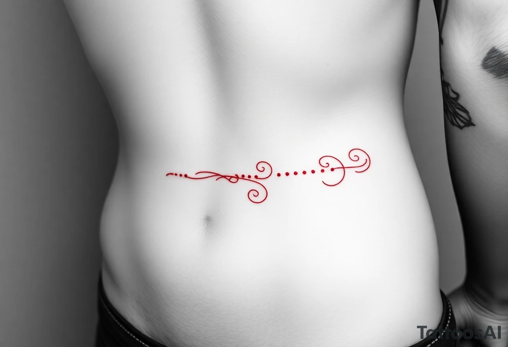 “-... .-. .- . .- .-.. ....... -.. .- .-- --- --- -.. .......” with dainty girly swirl design in red ink on female hip bone/lower stomach tattoo idea