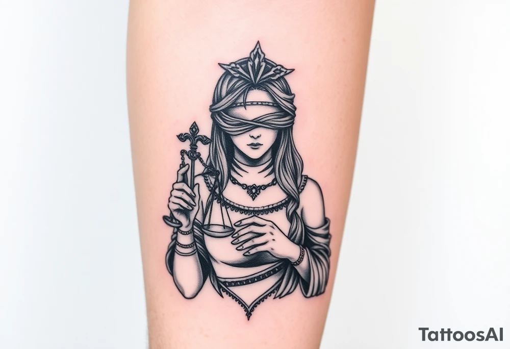 Fortuna's card as a beautiful woman with eyes covered with material, holds a scale in her hands tattoo idea