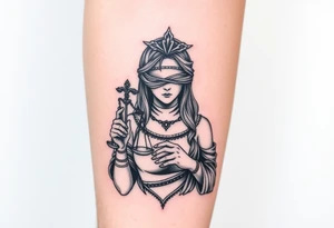 Fortuna's card as a beautiful woman with eyes covered with material, holds a scale in her hands tattoo idea