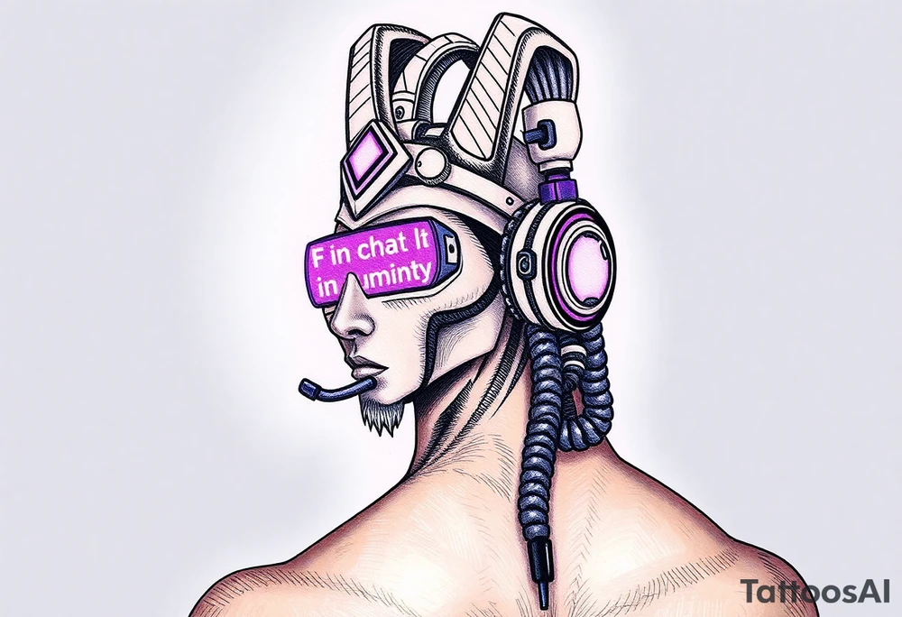 "Anubis with streamer headset, broadcasting to:  
- Left eye: Twitch chat ('F in chat for humanity')  
- Right eye: Дзен-просветление (ASCII-арт мандалы)  
Title: *'Unboxing your afterlife (4K 60fps)'*.  

Style: Digital trash art. Purple/black. Thigh." tattoo idea