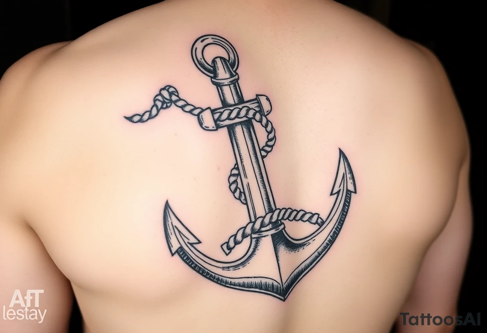 weathered anchor wrapped in nautical rope with sea waves tattoo idea