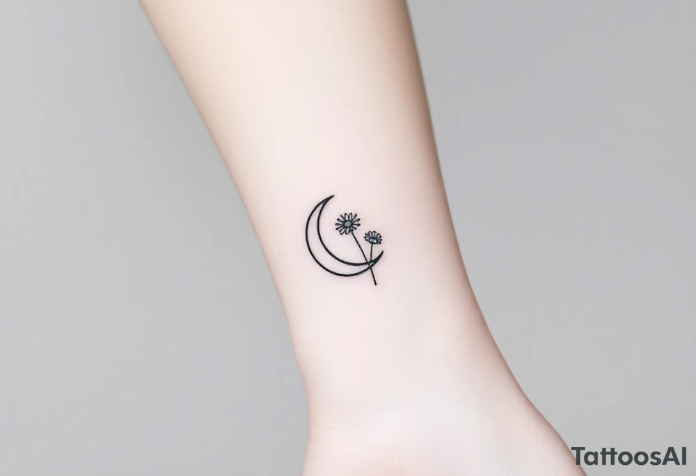 Small black and white tattoo waxing crescent moon with small Daisy birth flower and tiny Leo gliph tattoo idea