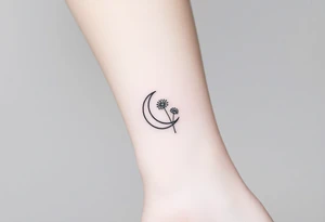 Small black and white tattoo waxing crescent moon with small Daisy birth flower and tiny Leo gliph tattoo idea