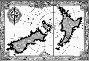 New Zealand map outline behind it and southern cross tattoo idea