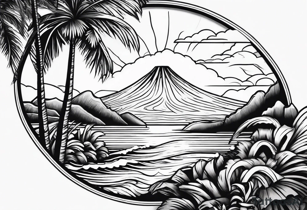 fineline tattoo of a palm tree and a wave with a volcano in the background tattoo idea