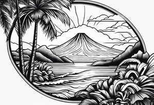 fineline tattoo of a palm tree and a wave with a volcano in the background tattoo idea