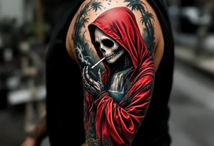jack skellington in red king robe , smoking a blunt, in nature jungle, waterfall, birds, palm trees tattoo idea