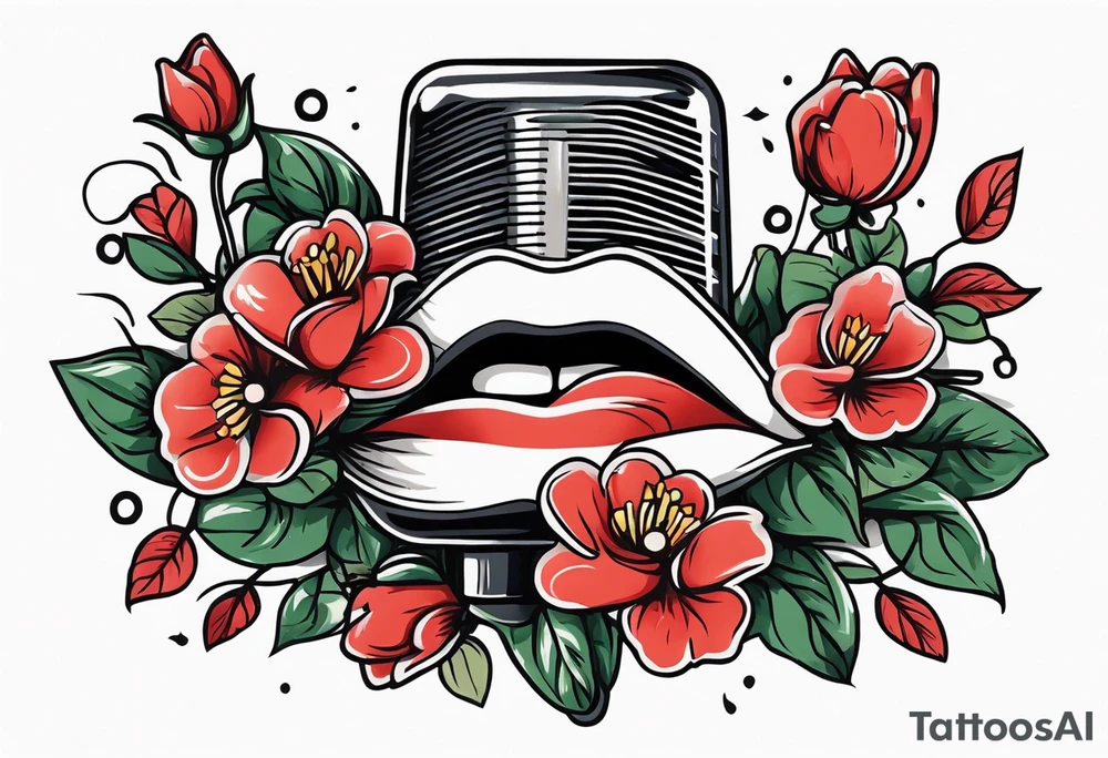lips singing old school vintage traditional
flowers around and mouth next to microphone tattoo idea