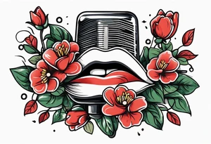 lips singing old school vintage traditional
flowers around and mouth next to microphone tattoo idea