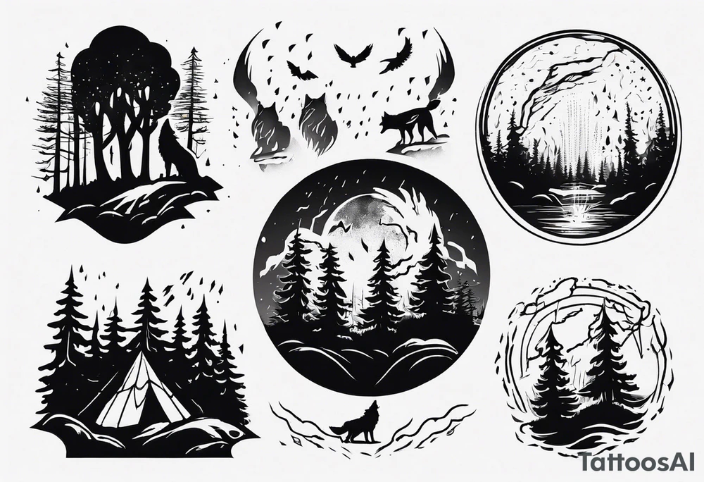 thunderstorm over a forest with a wolf howling on drums tattoo idea thunderstorm over a forest with a wolf howling on drums tattoo idea