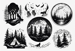 thunderstorm over a forest with a wolf howling on drums tattoo idea