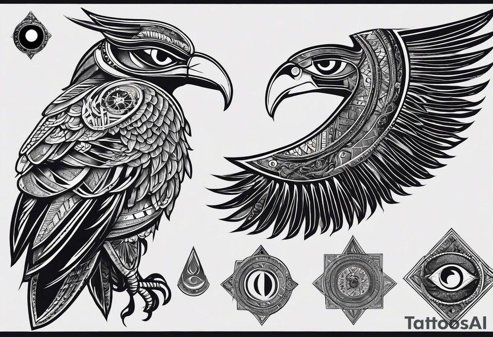 OLHO EGIPCIO ESAUERDO DE HORUS EM VOLTA O CICLO LUNAR, DENTRO DE UM ESPELHO E UM PEQUENO PENTAGRAMA tattoo idea