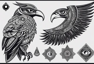 OLHO EGIPCIO ESAUERDO DE HORUS EM VOLTA O CICLO LUNAR, DENTRO DE UM ESPELHO E UM PEQUENO PENTAGRAMA tattoo idea