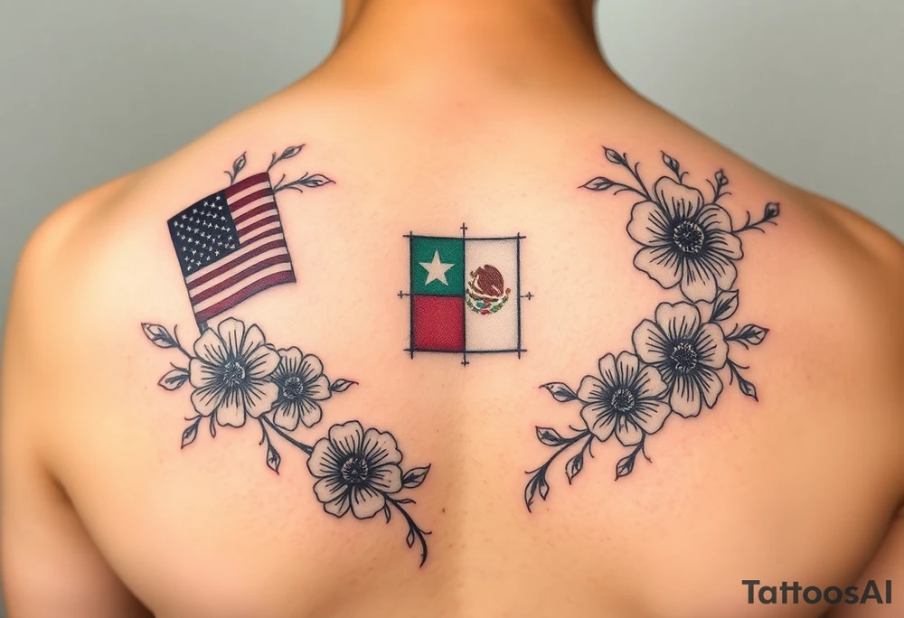 Small, feminine tattoo for placement on my clavical or lower back that reflects new life journey, delicate florals, ornaments and vines. Include U.S and Mexican flags and images of Mexican flowers. Style as if painted on a Mexican tile and include red, green and blue accents. tattoo idea