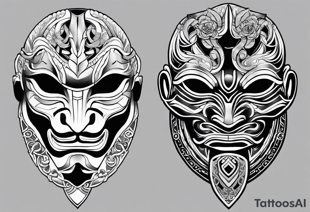 hanya mask on the shoulder, mask from ghost of Tsushima, hanya mask with three eyes tattoo idea