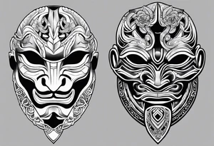 hanya mask on the shoulder, mask from ghost of Tsushima, hanya mask with three eyes tattoo idea