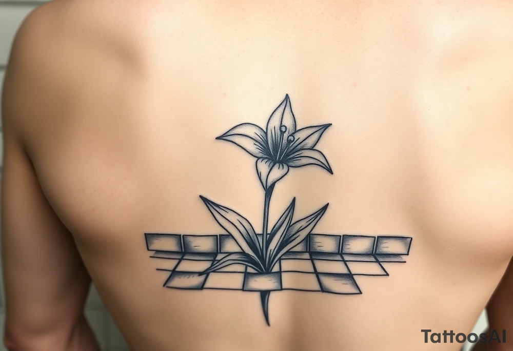 bathroom with lily coming up out of tile floor tattoo idea