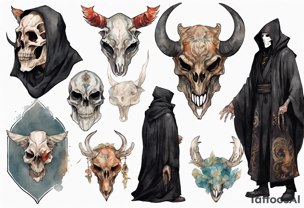 a thin medieval man in a black cloak wearing an animal skull mask tattoo idea