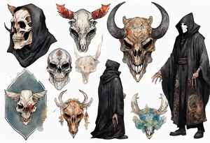 a thin medieval man in a black cloak wearing an animal skull mask tattoo idea
