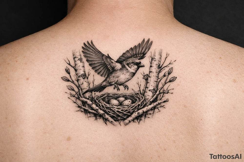 fine line black and grey tattoo of a detailed sparrow taking flight from a simple nest nestled in silver birch branches tattoo idea